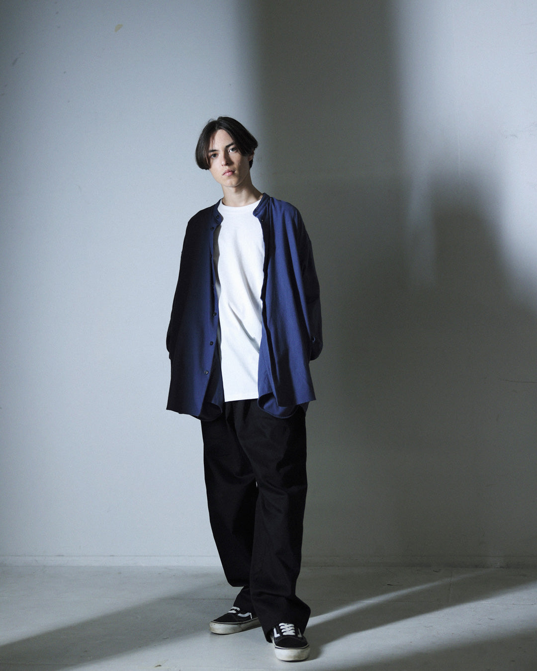 ORGANIC COTTON FLANNEL BAND COLLAR SHIRT JACKET / BLUE