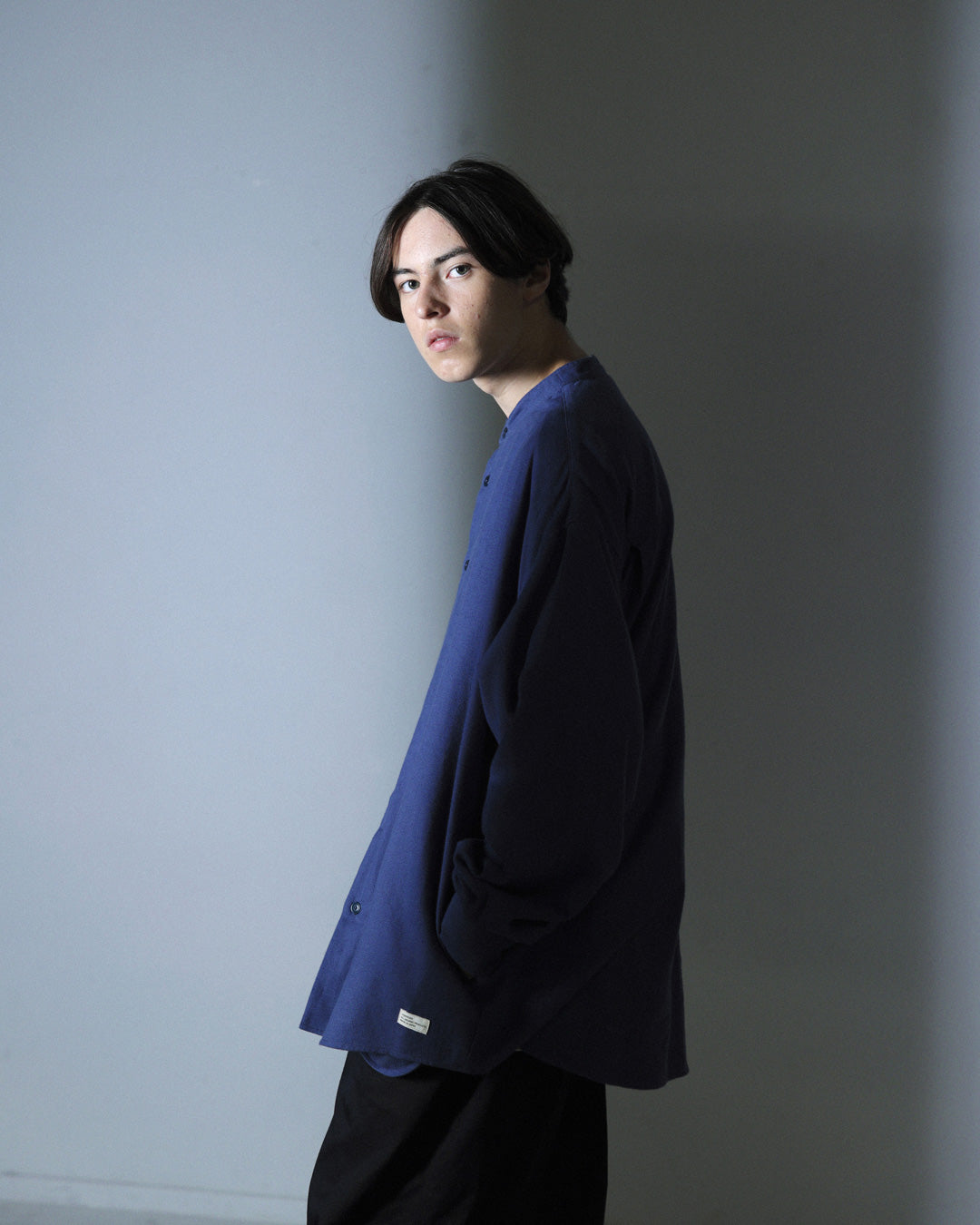 ORGANIC COTTON FLANNEL BAND COLLAR SHIRT JACKET / BLUE