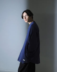 ORGANIC COTTON FLANNEL BAND COLLAR SHIRT JACKET / BLUE