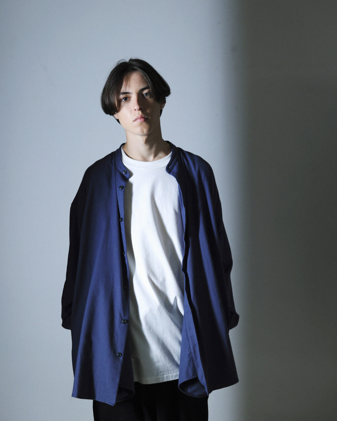 ORGANIC COTTON FLANNEL BAND COLLAR SHIRT JACKET / BLUE