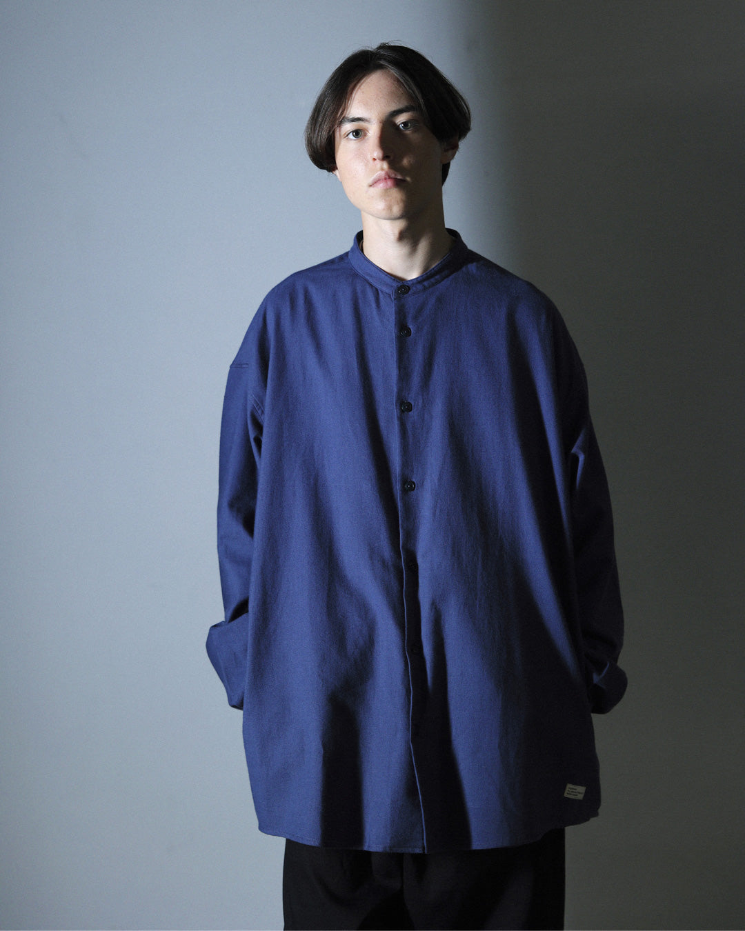 ORGANIC COTTON FLANNEL BAND COLLAR SHIRT JACKET / BLUE
