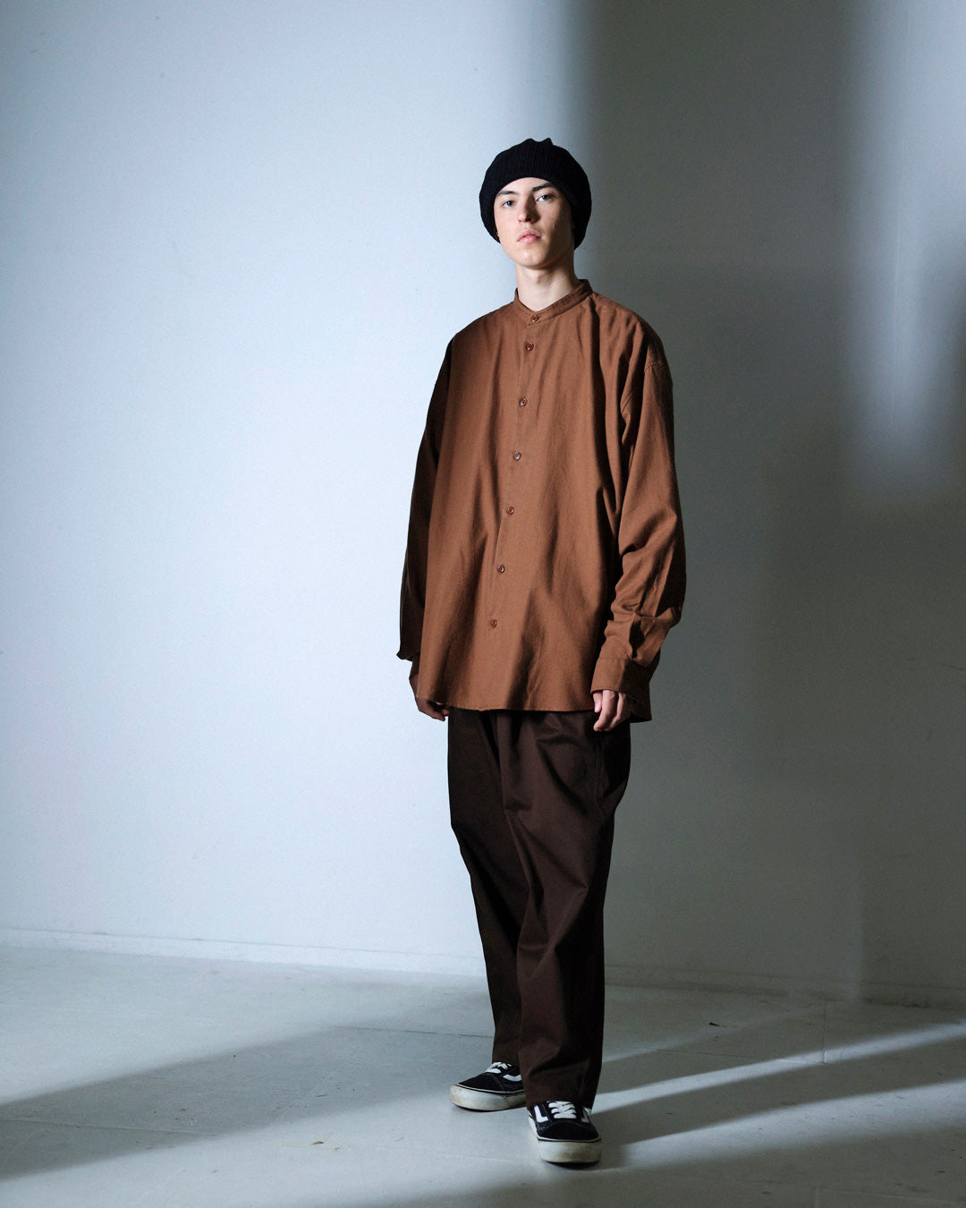 ORGANIC COTTON FLANNEL BAND COLLAR SHIRT JACKET / BROWN