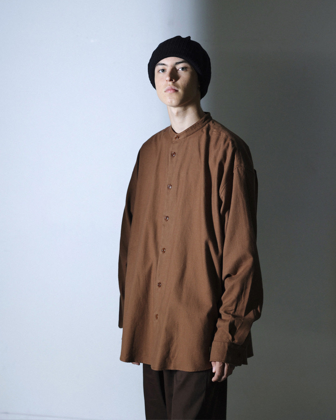 ORGANIC COTTON FLANNEL BAND COLLAR SHIRT JACKET / BROWN
