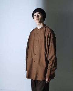 ORGANIC COTTON FLANNEL BAND COLLAR SHIRT JACKET / BROWN